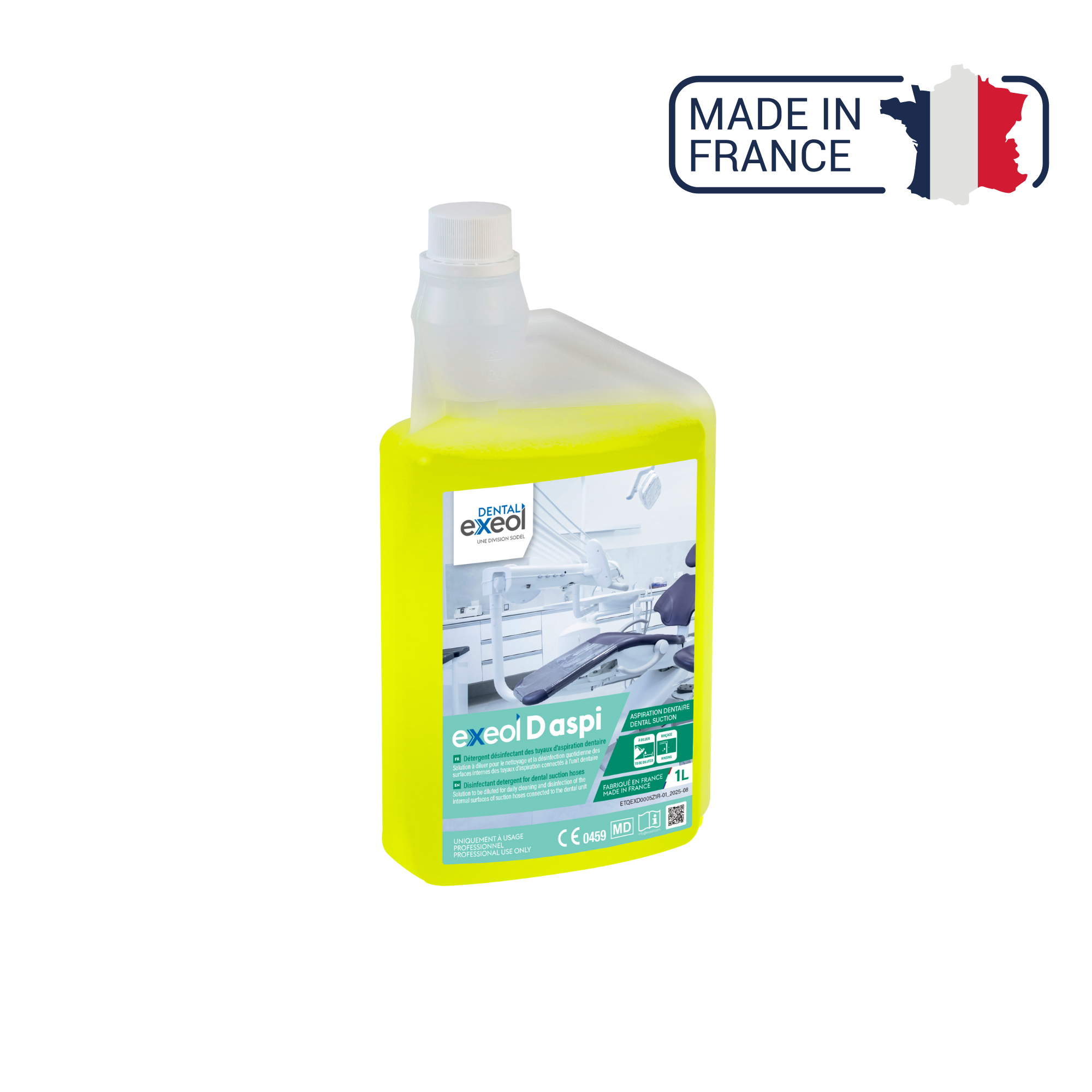 Exeol D aspi - Détergent désinfectant des tuyaux d'aspiration dentaire - 1L et 5L - Sodel