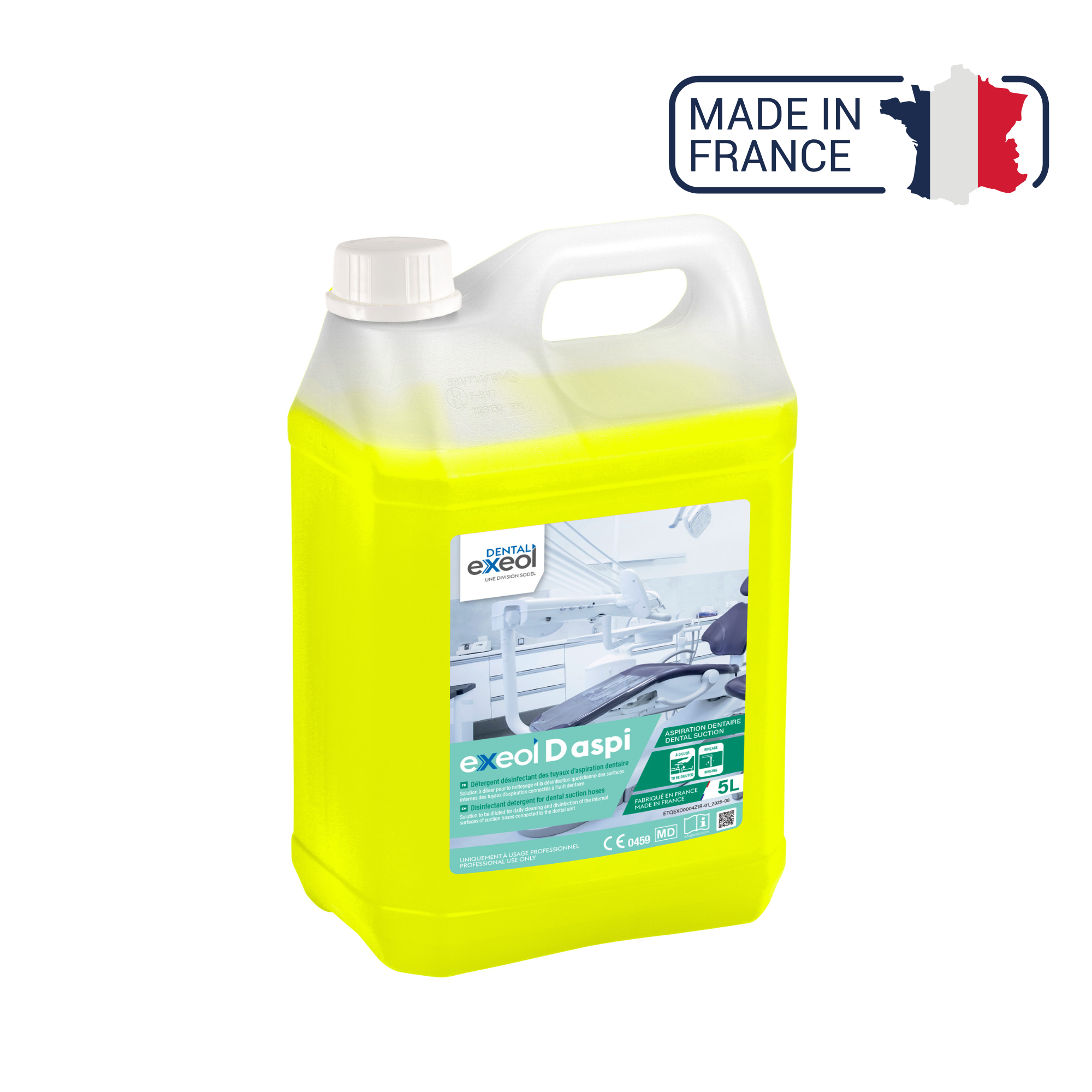 Exeol D aspi - Détergent désinfectant des tuyaux d'aspiration dentaire - 1L et 5L - Sodel - My Médical