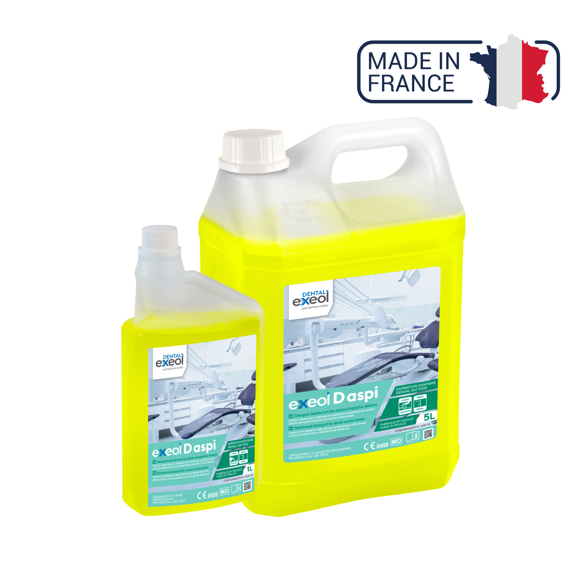 Exeol D aspi - Détergent désinfectant des tuyaux d'aspiration dentaire - 1L et 5L - Sodel - My Médical