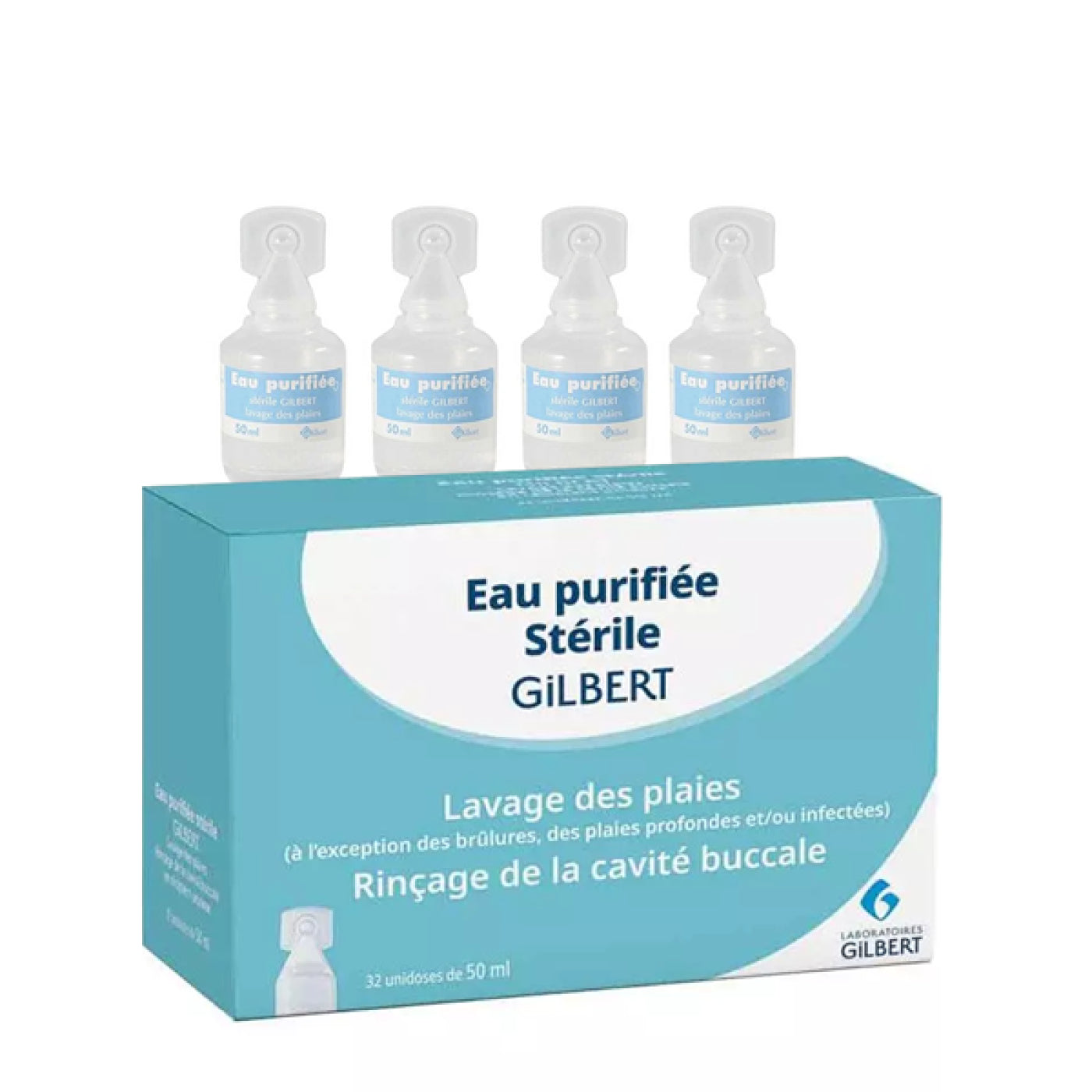 Eau purifiée stérile 50 ml- boîte de 32- Laboratoires Gilbert - My Médical